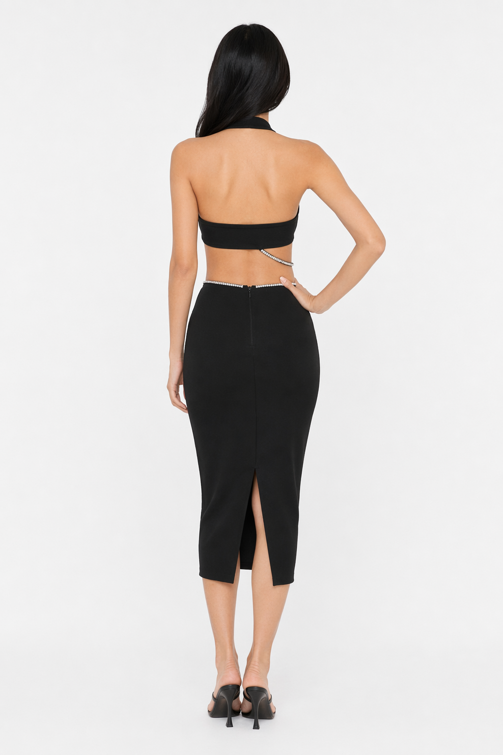 Rhinestone Halter Neck Cutout Slit Midi Dress Black