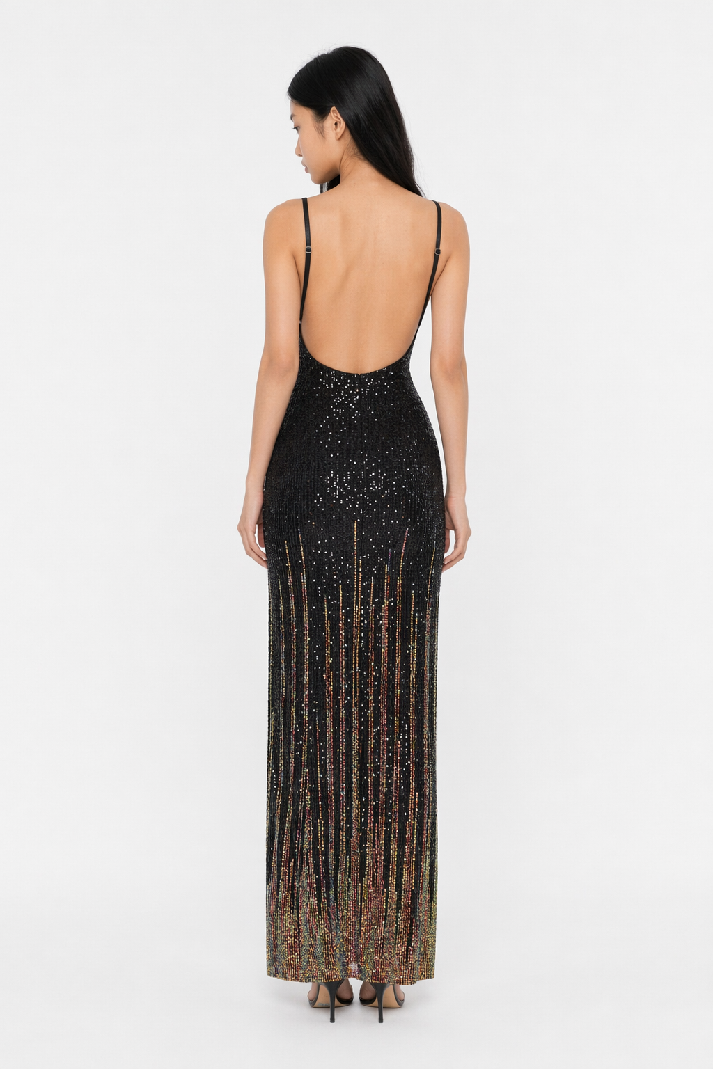 Backless Slit Sequin Spaghetti Strap Dress Black
