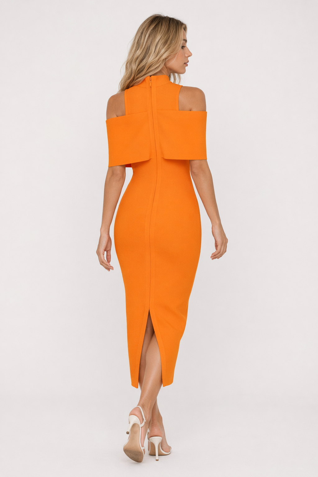 Cold-Shoulder Mock Neck Slit Midi Dress Orange