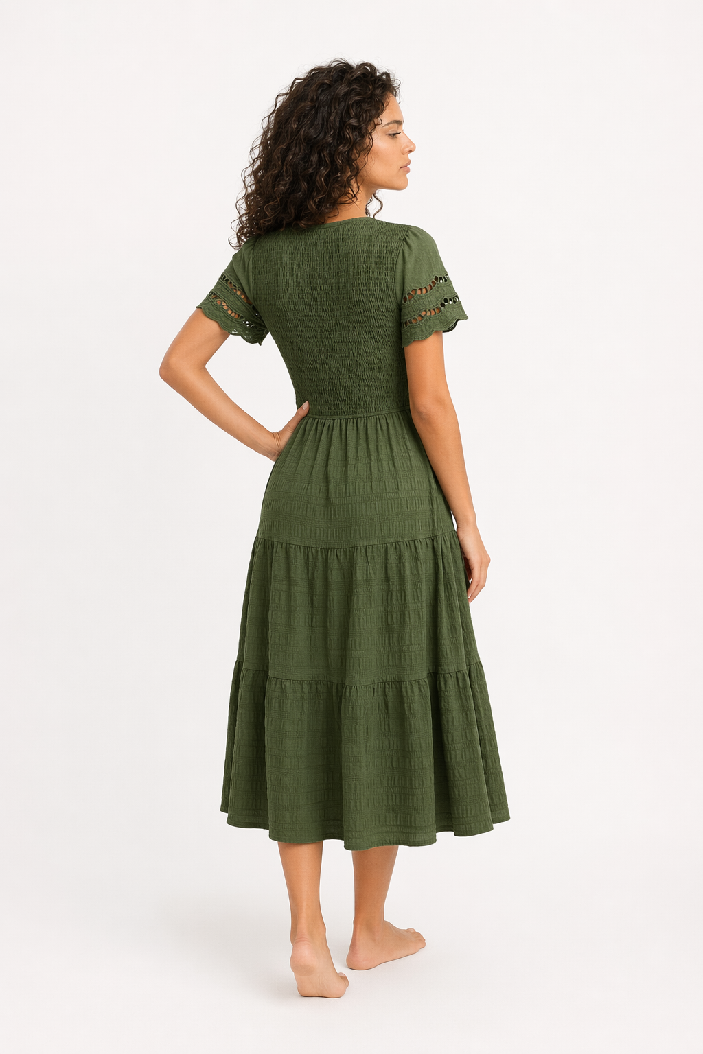 Devine Smocked Round Neck Short Sleeve Midi Dress Matcha Green