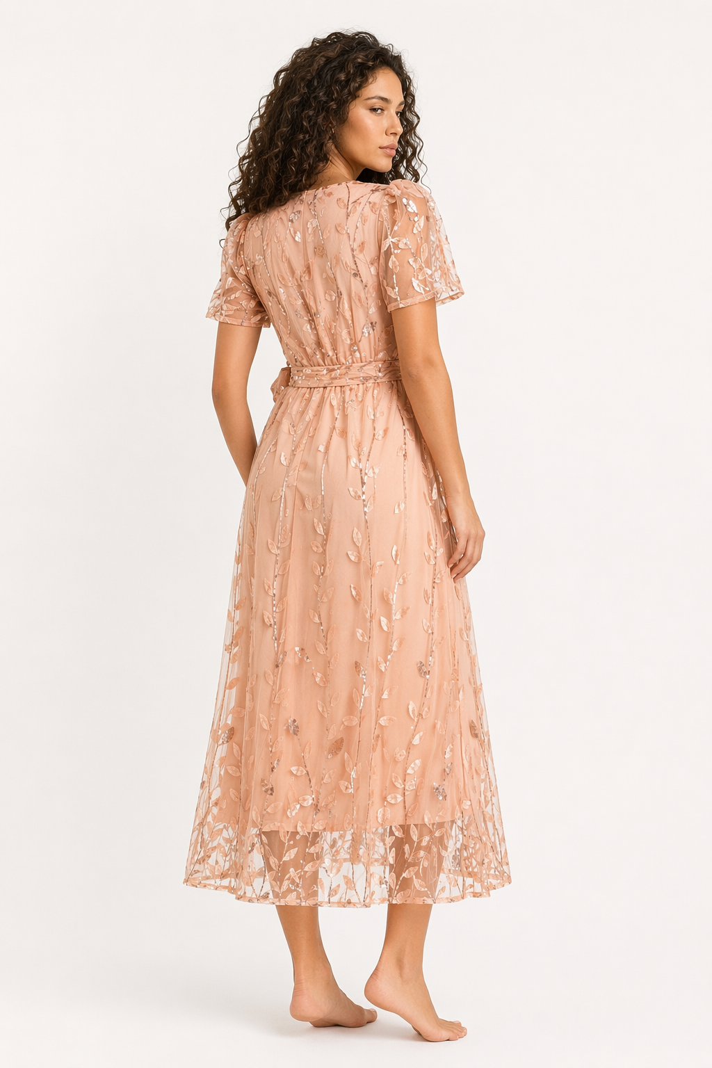 Sequin Leaf Embroidery Tie Front Short Sleeve Dress Tan