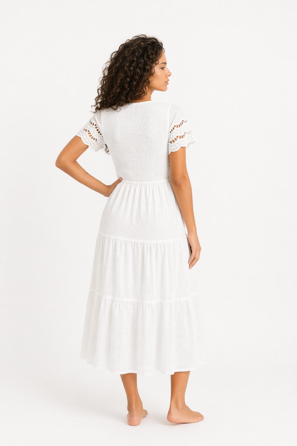 Devine Smocked Round Neck Short Sleeve Midi Dress White