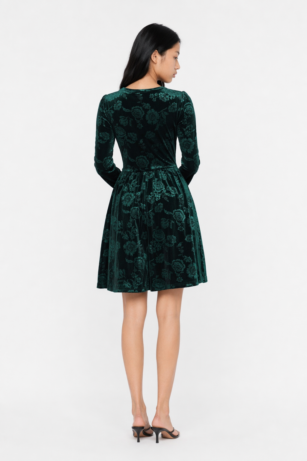 Tied Flower Print Round Neck Flounce Sleeve Dress Dark Green