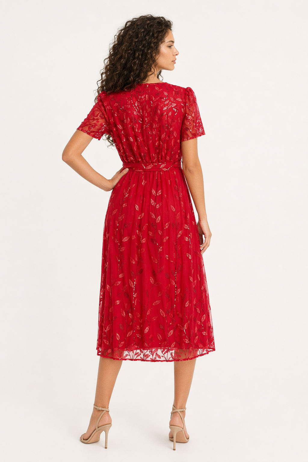Sequin Leaf Embroidery Tie Front Short Sleeve Dress Deep Red