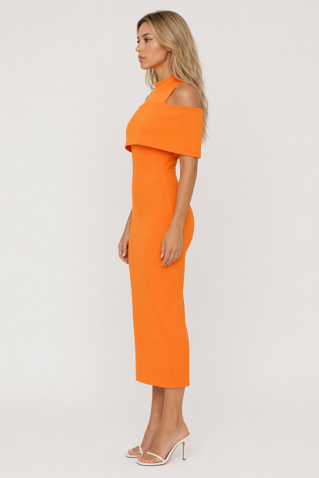 Cold-Shoulder Mock Neck Slit Midi Dress Orange