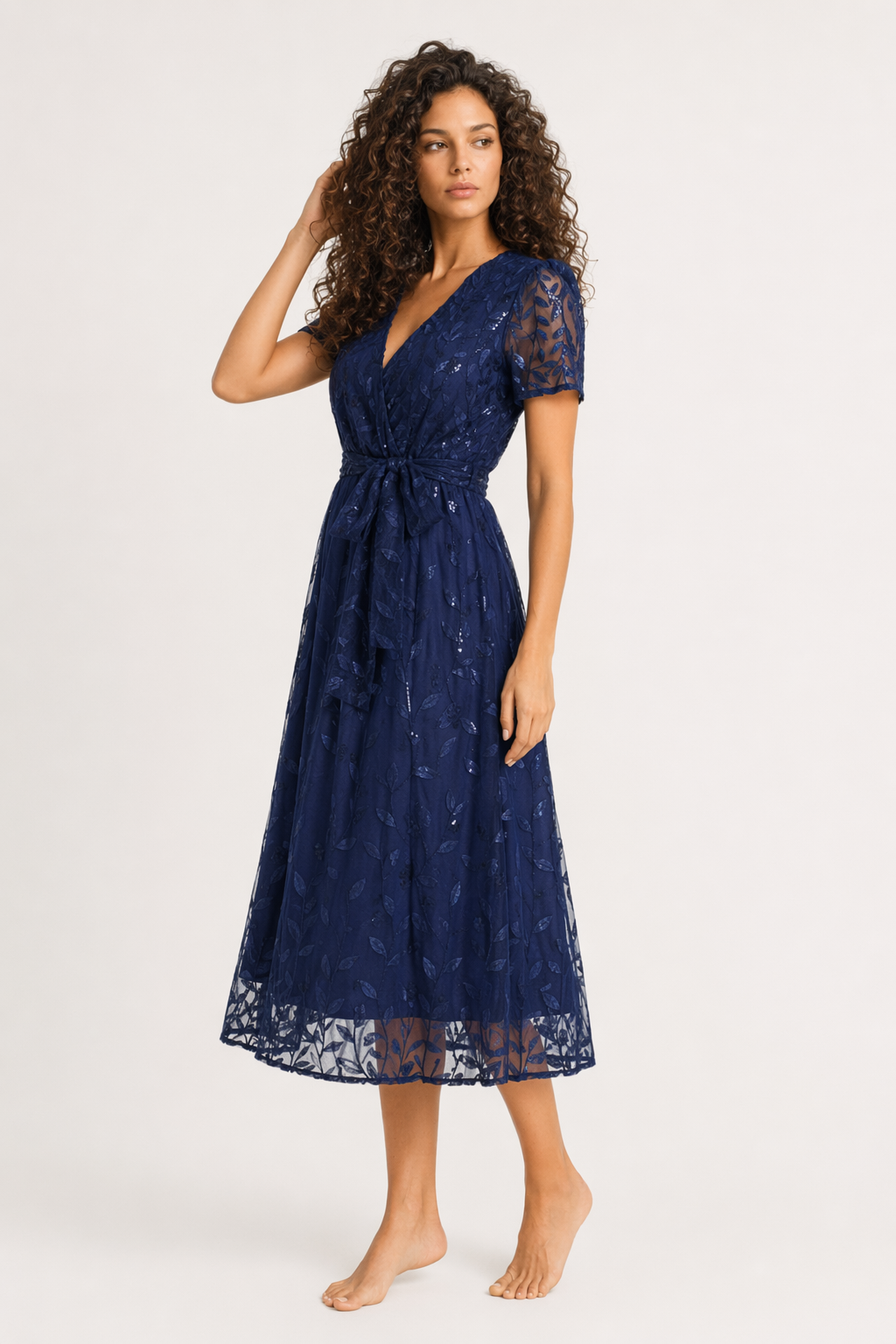 Sequin Leaf Embroidery Tie Front Short Sleeve Dress Dark Blue