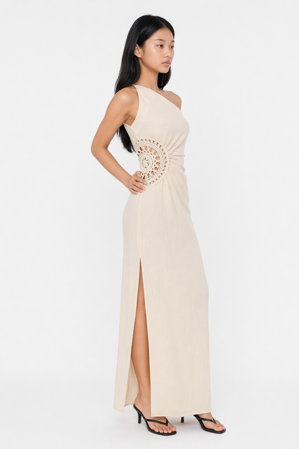 Honey Slit One Shoulder Sleeveless Maxi Dress Beige