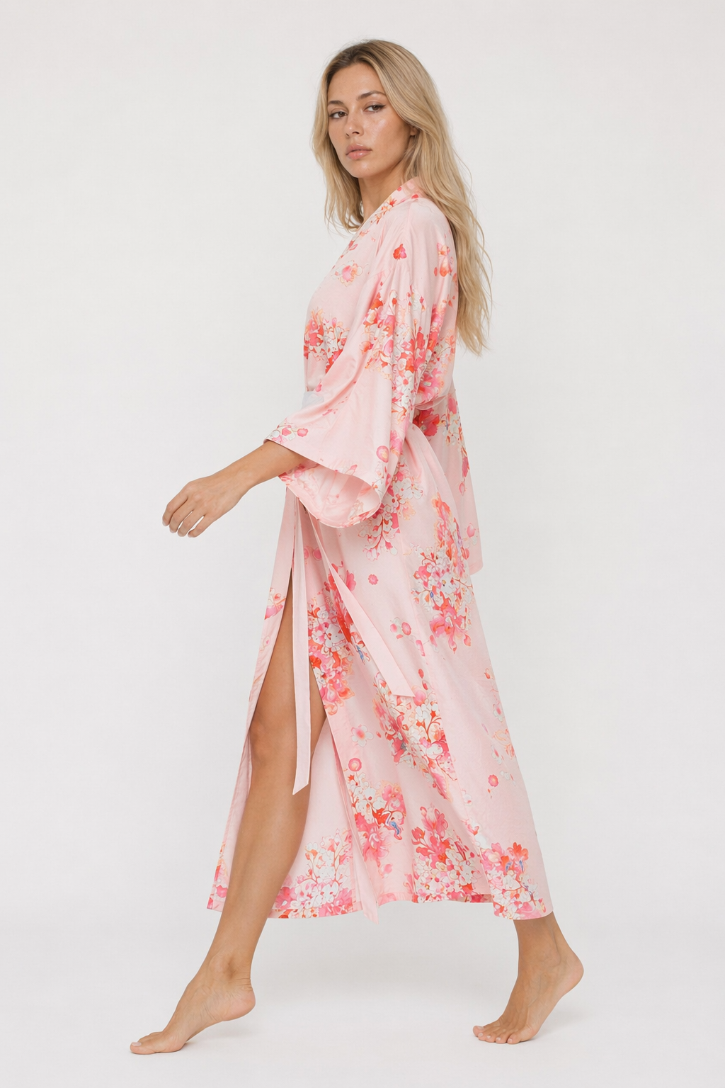 Floral Printed Traditional Kimono Robe Pink