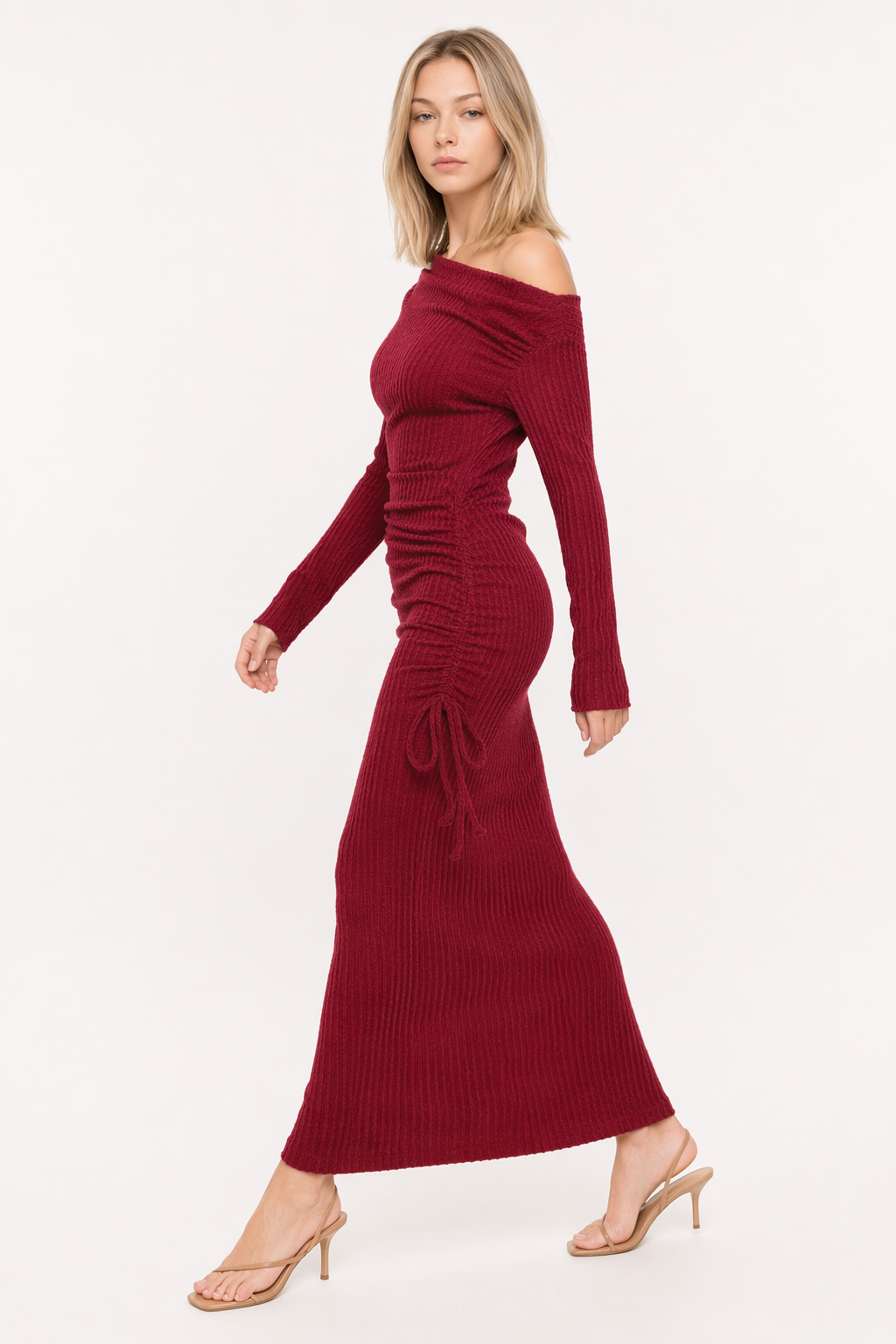 Drawstring Textured Long Sleeve Wrap Dress Burgundy