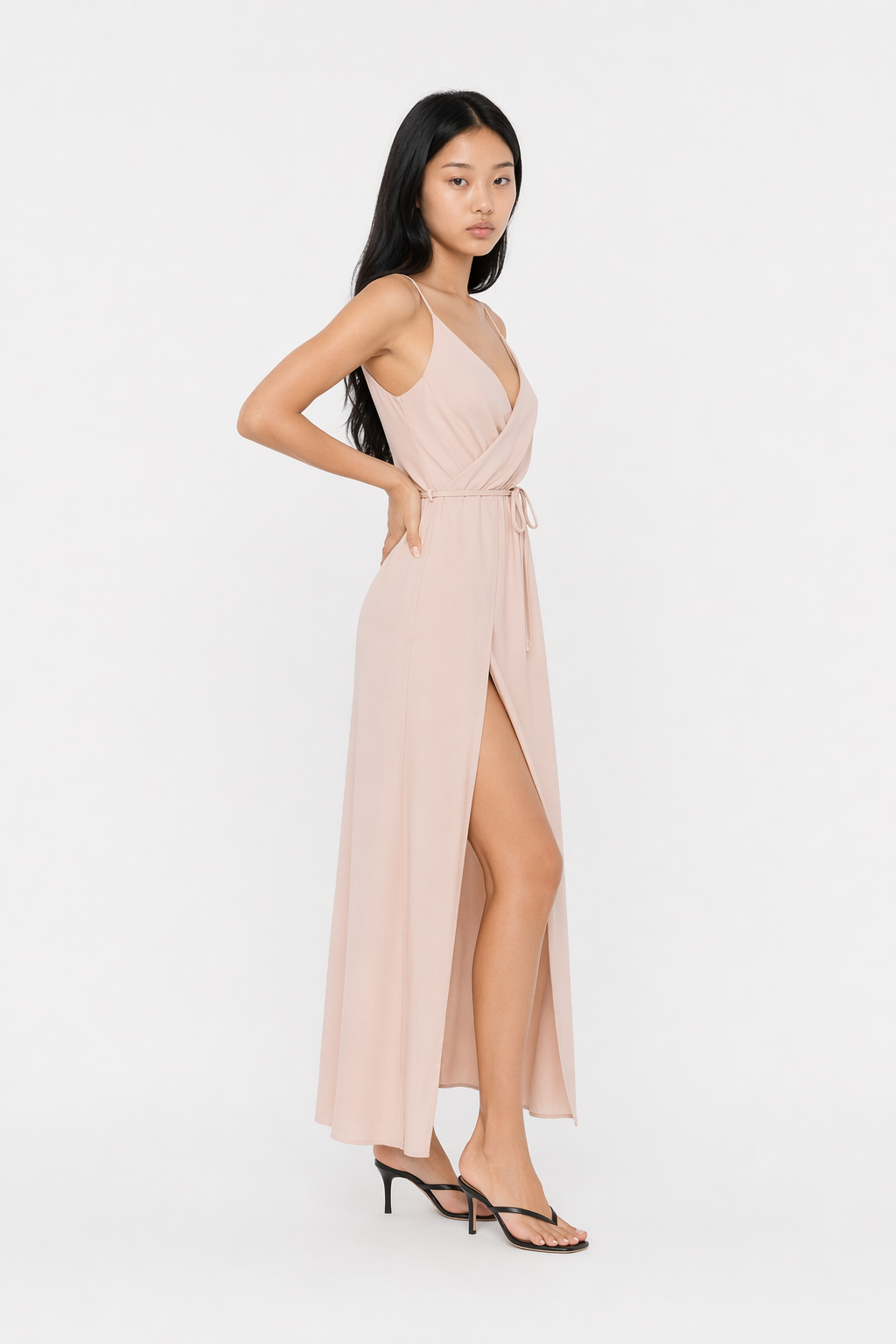 Honey Tied Surplice Sleeveless Midi Cami Dress Pale Blush