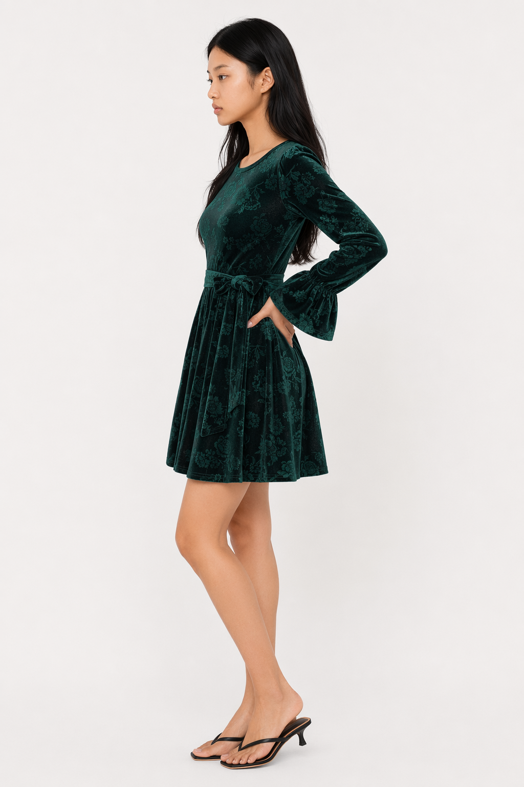 Tied Flower Print Round Neck Flounce Sleeve Dress Dark Green