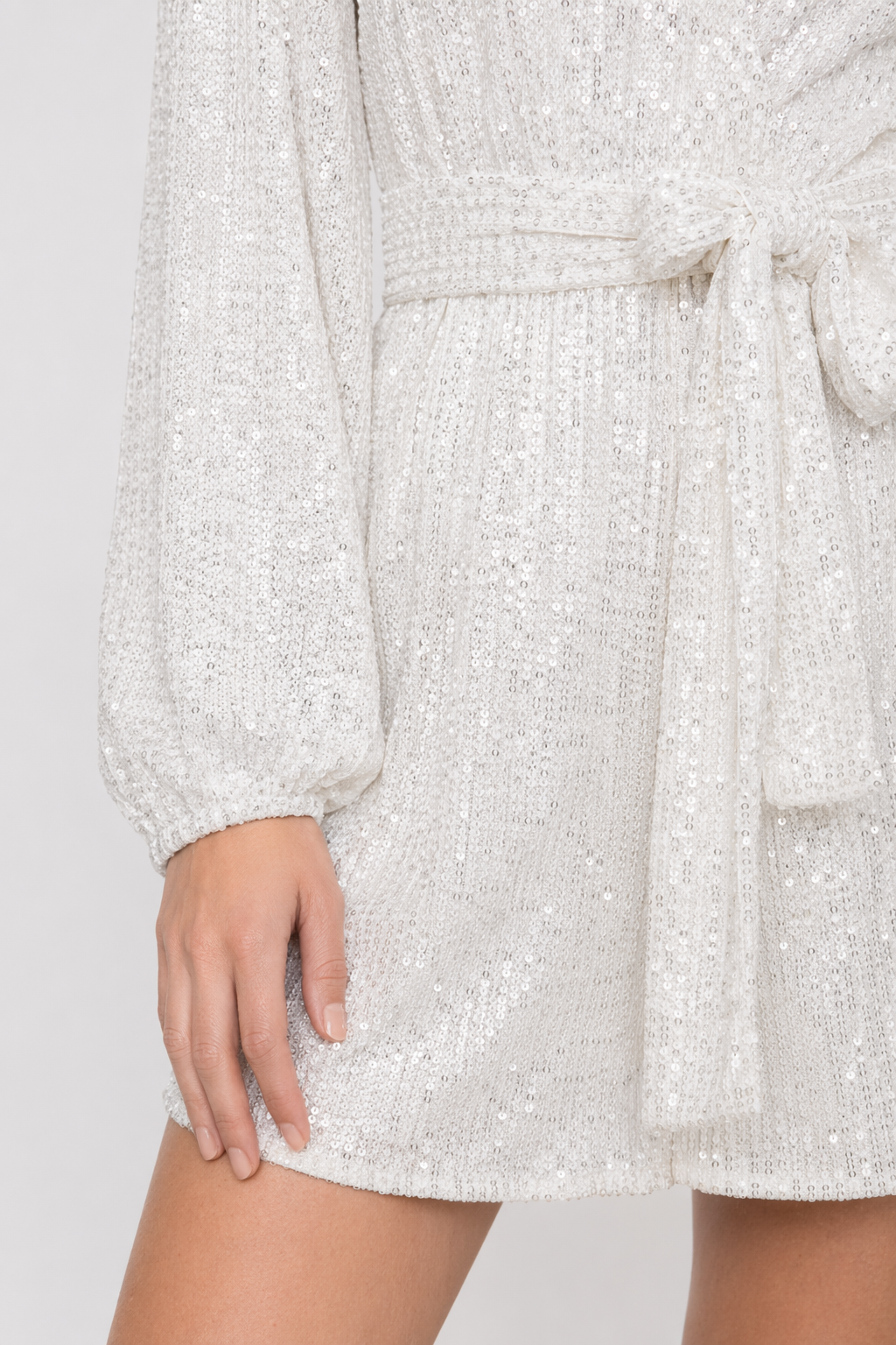 Tied Sequin Surplice Balloon Sleeve Dress White