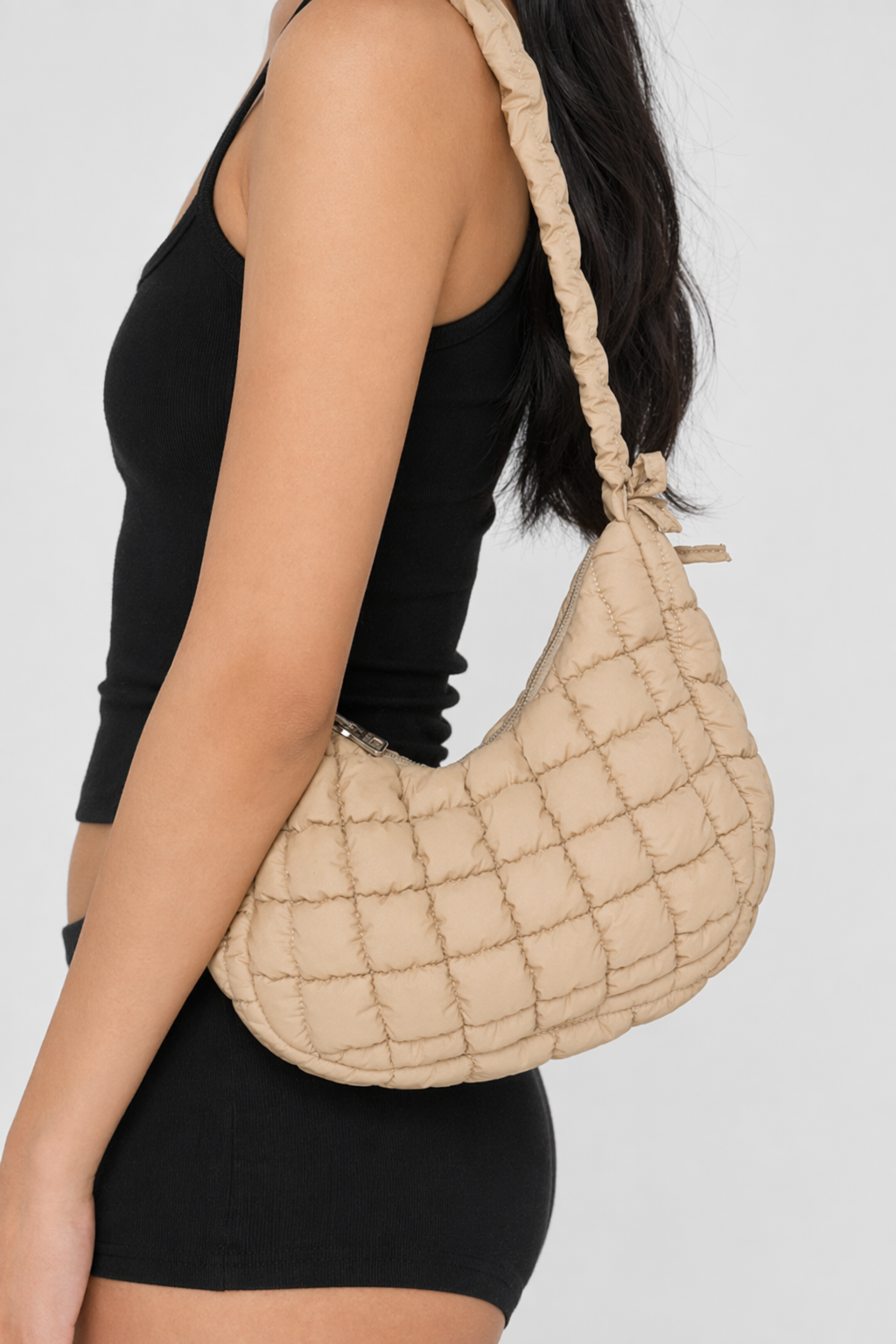 Bubble Texture Ruched Strap Quilted Shoulder Bag Khaki