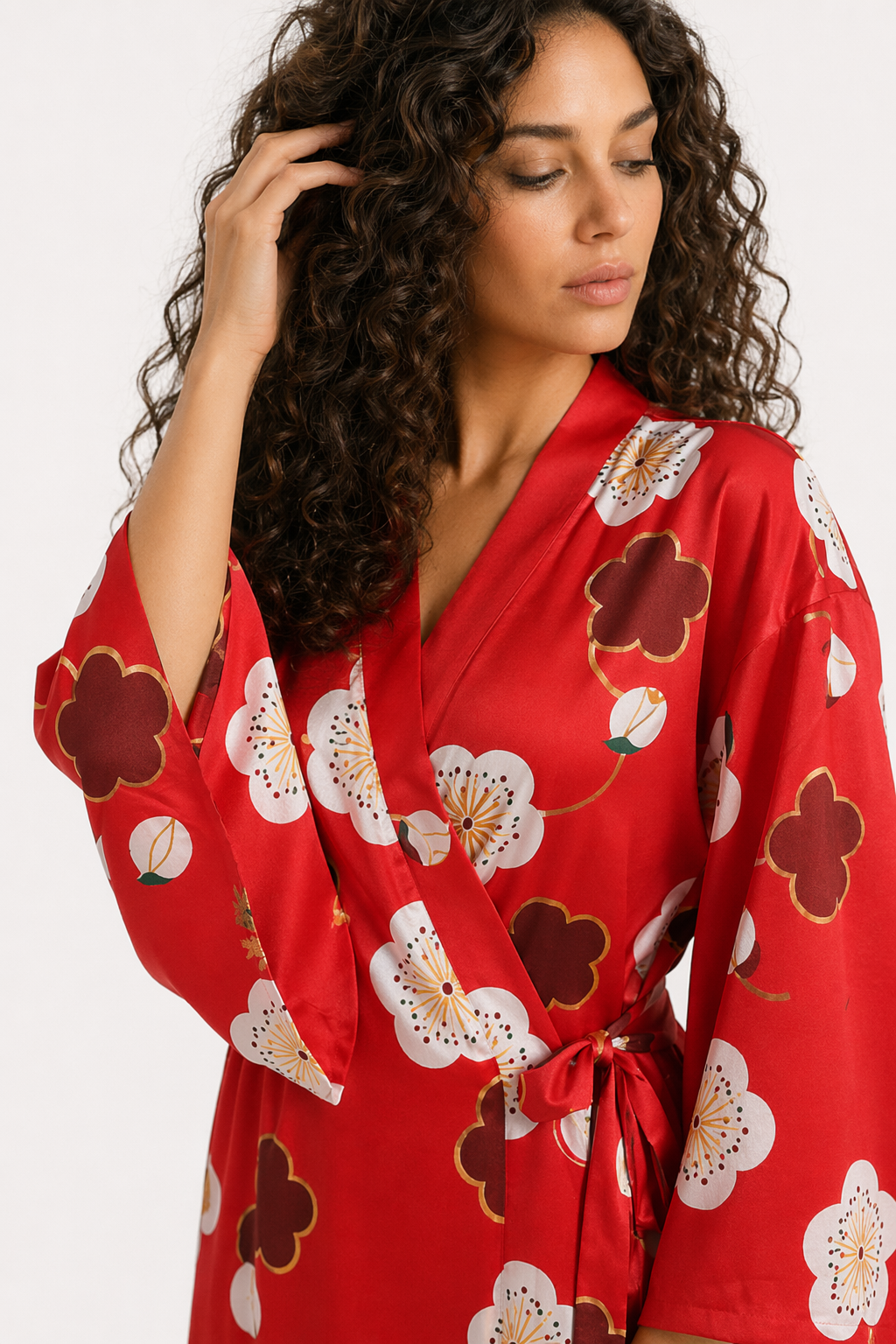 Sakura Kimono Sleepwear: Floral Satin M