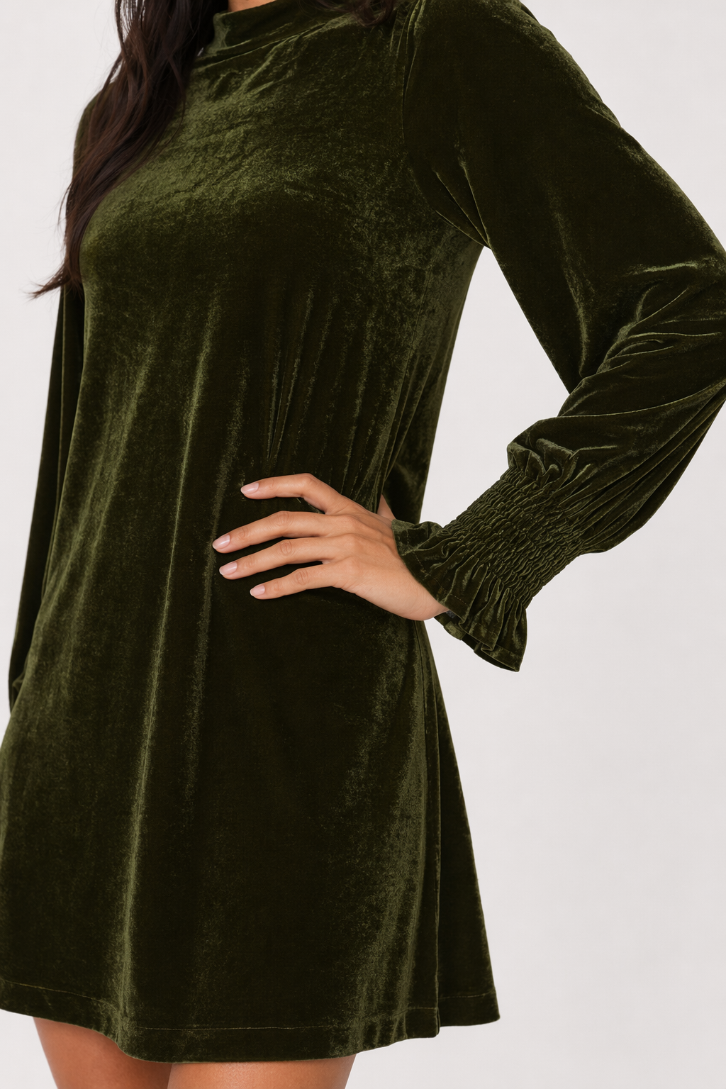 Full Size Mock Neck Smocked Long Sleeve Mini Dress Moss