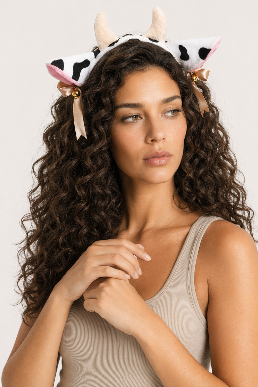 Animal Cosplay Cow Headband with Ribbon Bow Bells White