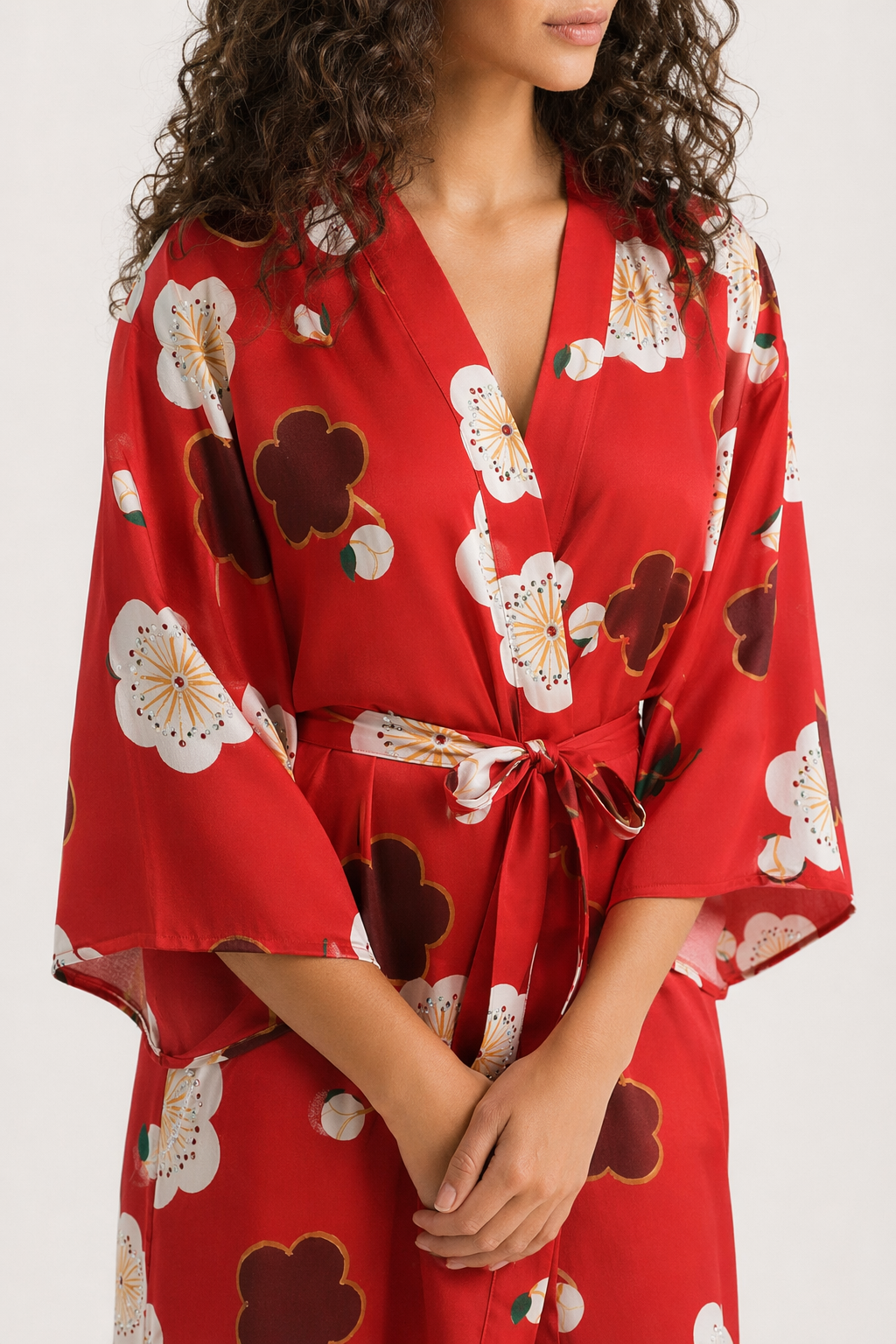 Sakura Kimono Sleepwear: Floral Satin L