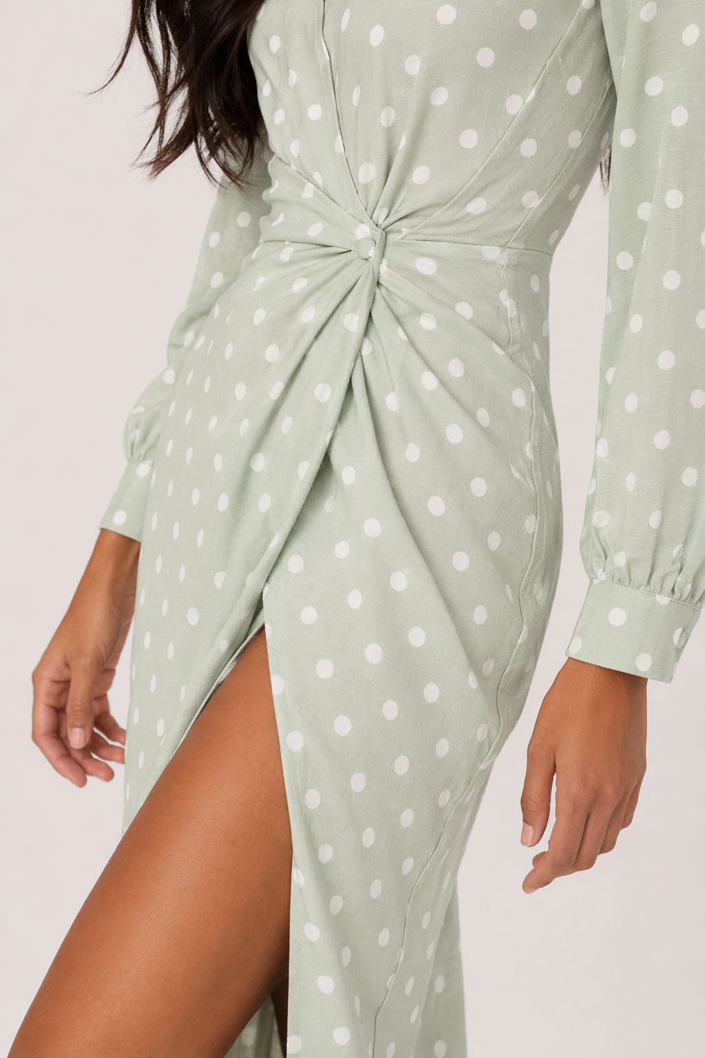 Slit Polka Dot V-Neck Dress Light Green