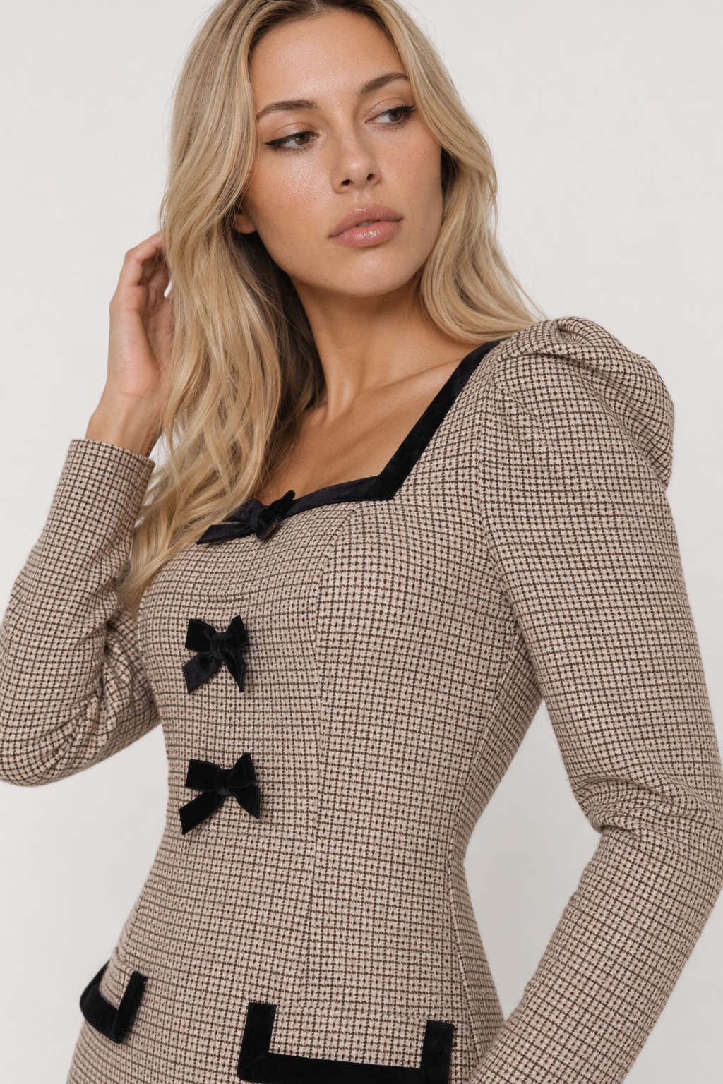 Bow Plaid Square Neck Puff Sleeve Dress Taupe