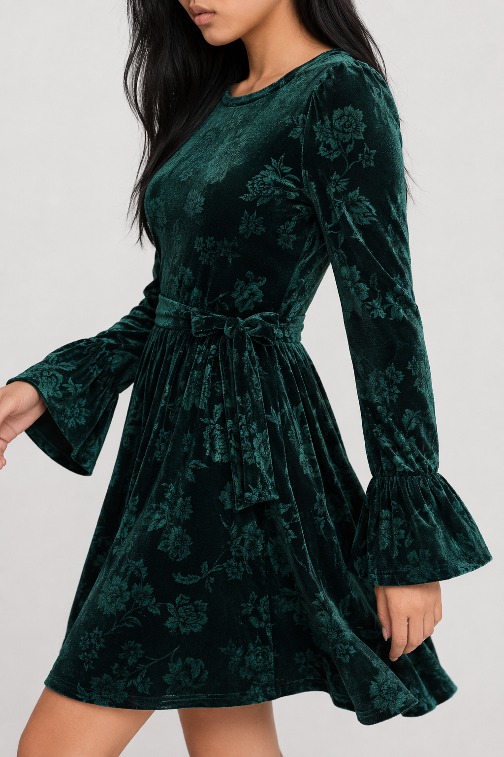 Tied Flower Print Round Neck Flounce Sleeve Dress Dark Green