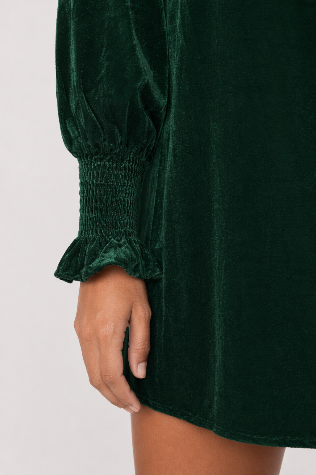 Full Size Mock Neck Smocked Long Sleeve Mini Dress Dark Green