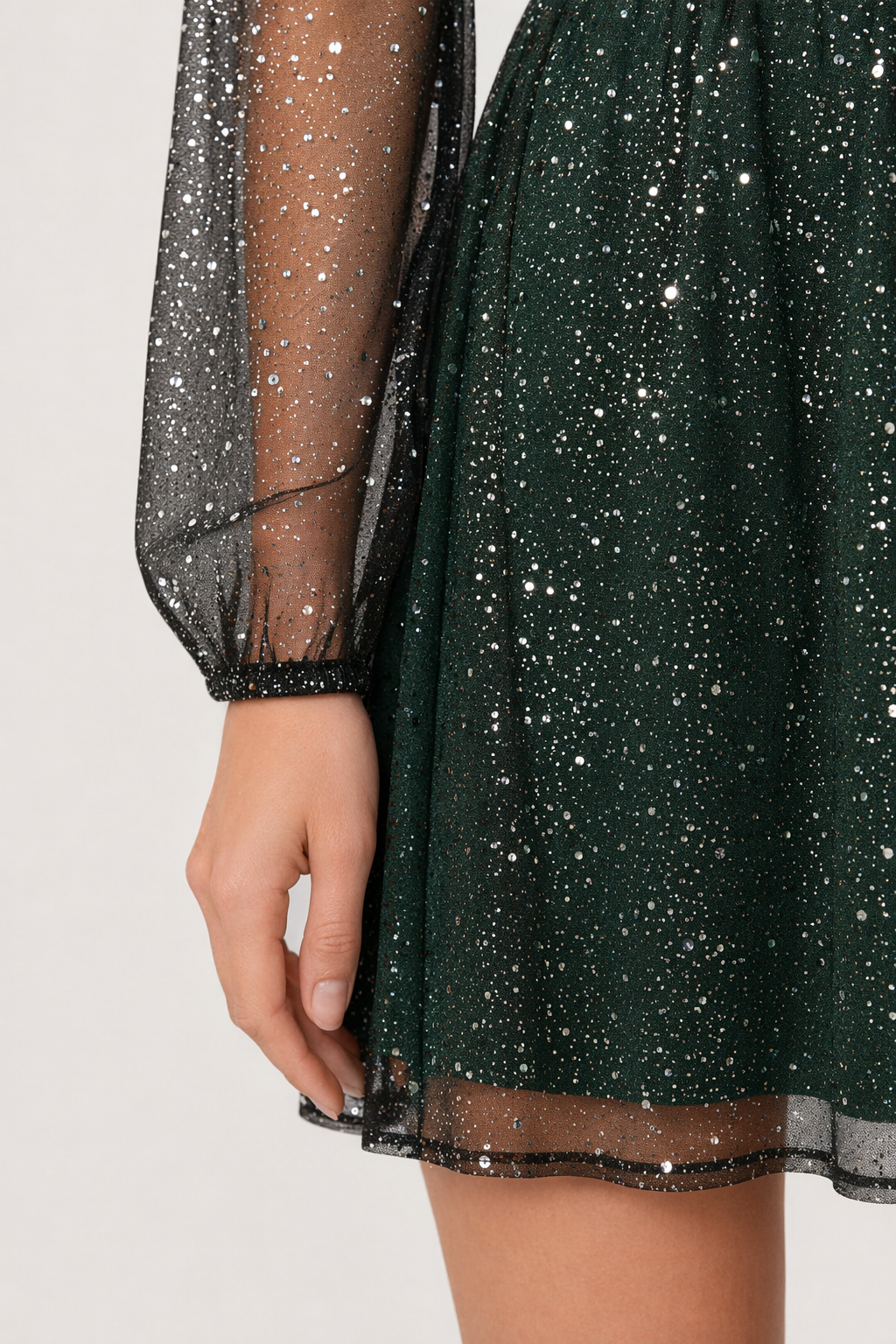 Glitter Surplice Long Sleeve Mini Dress Dark Green