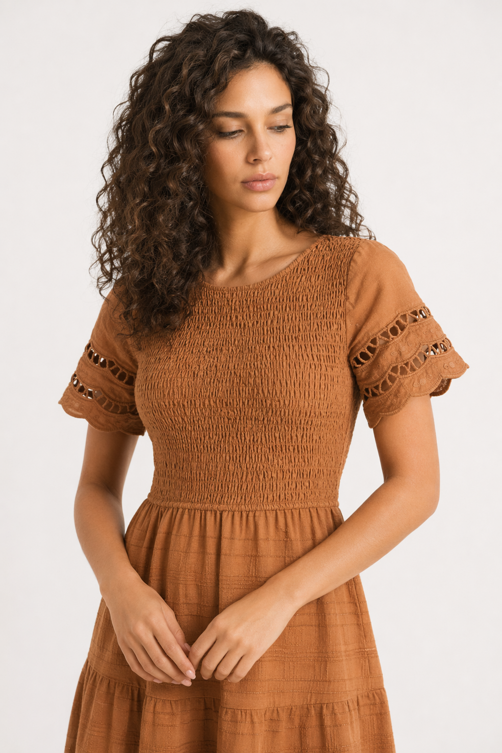 Devine Smocked Round Neck Short Sleeve Midi Dress Caramel