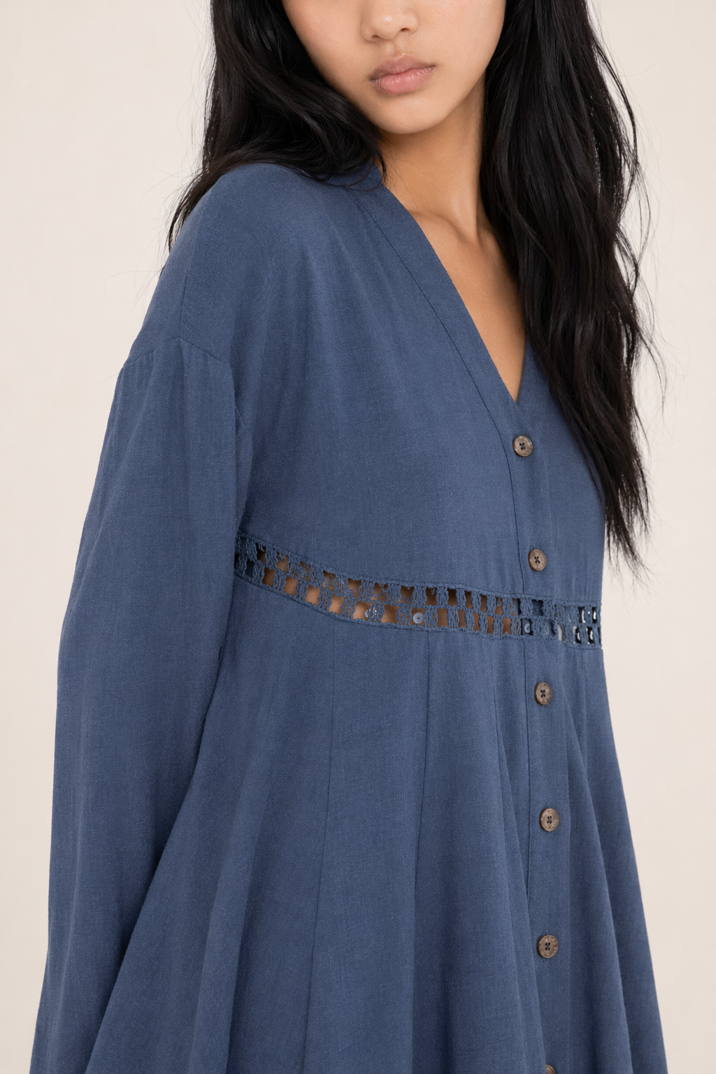 Cutout Johnny Collar Long Sleeve Mini Dress Dusty Blue