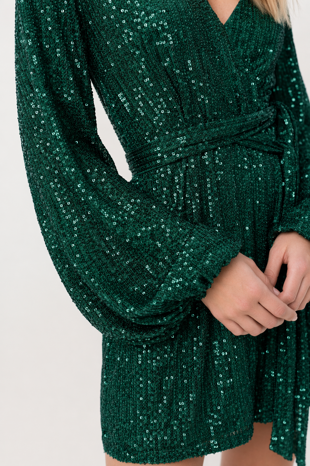Sequin Surplice Tie Waist Mini Dress Dark Green