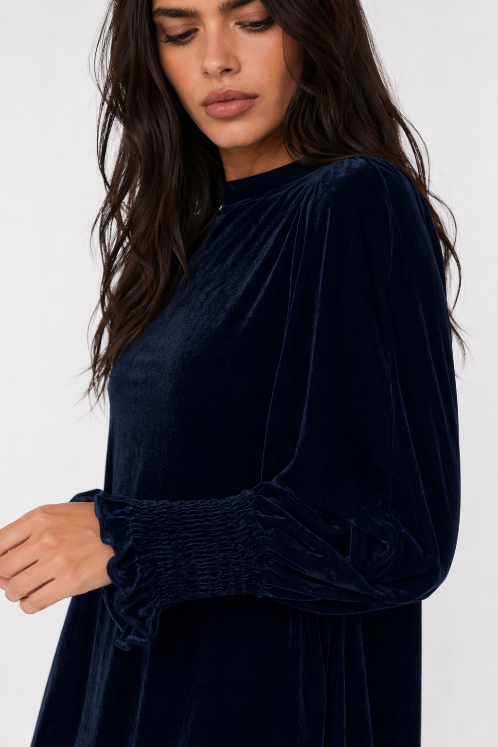 Full Size Mock Neck Smocked Long Sleeve Mini Dress Dark Navy