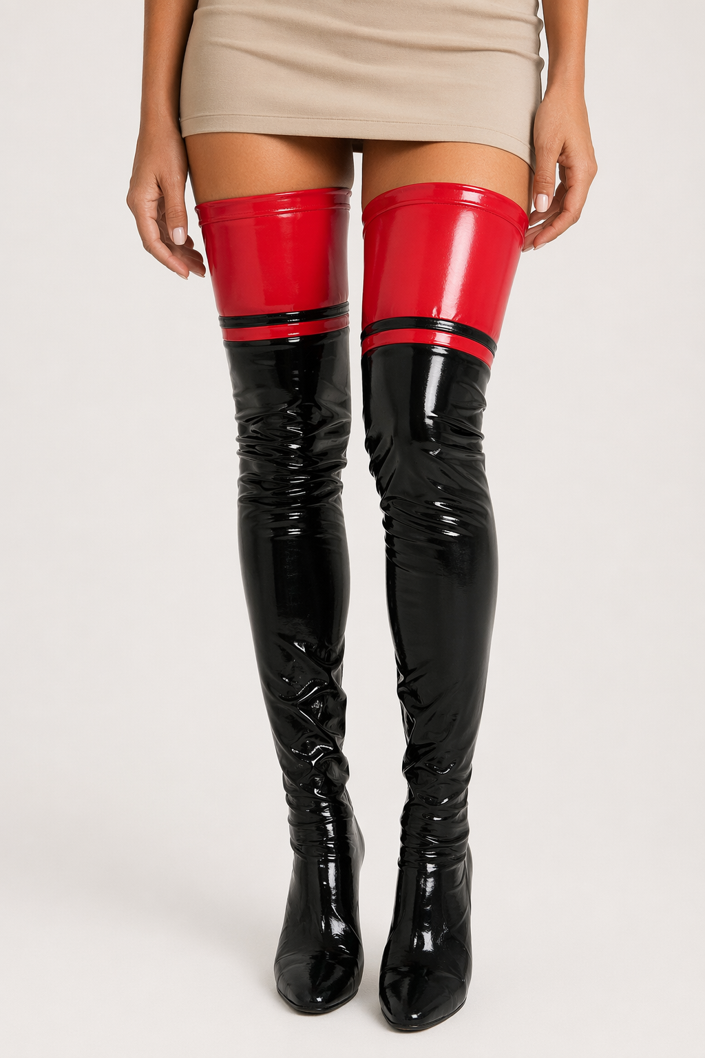 Amorino Color Block Faux Leather Thigh Highs Black Red