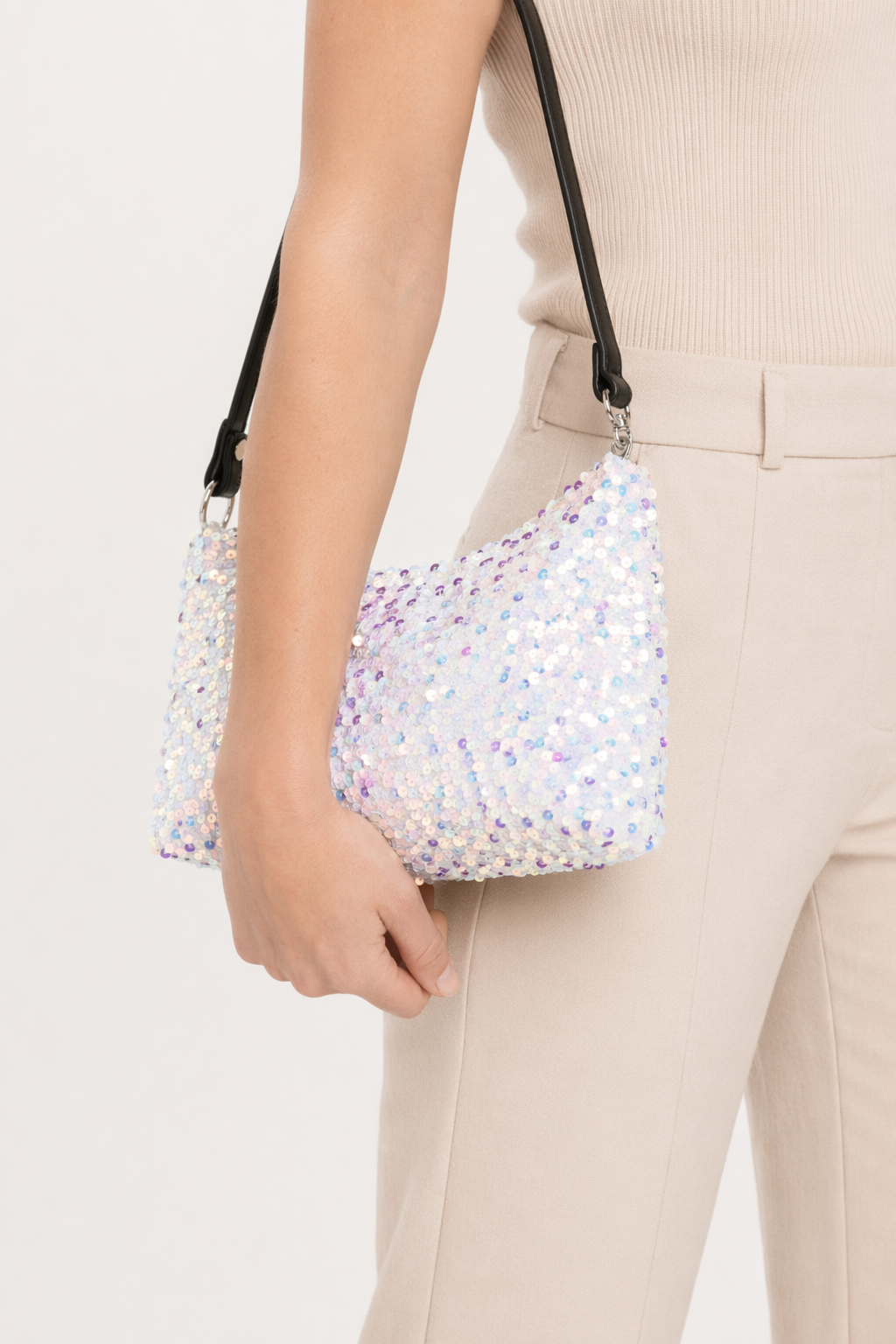 Sequin Double Strap Shoulder Bag White