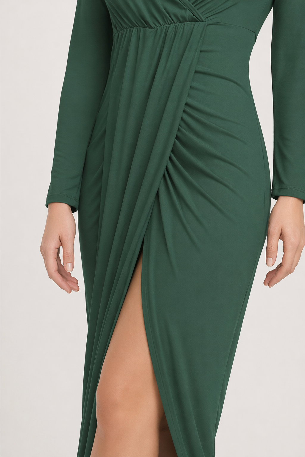 High-low Ruched Surplice Long Sleeve Dress Black Forest