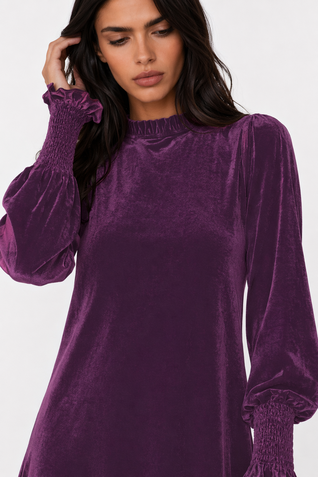 Full Size Mock Neck Smocked Long Sleeve Mini Dress Mauve