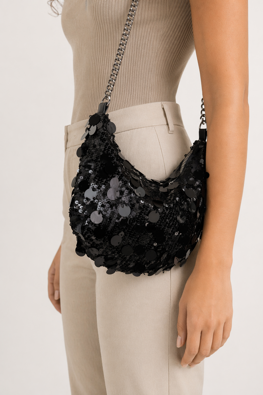 Sequin Chain Crossbody Bag Black