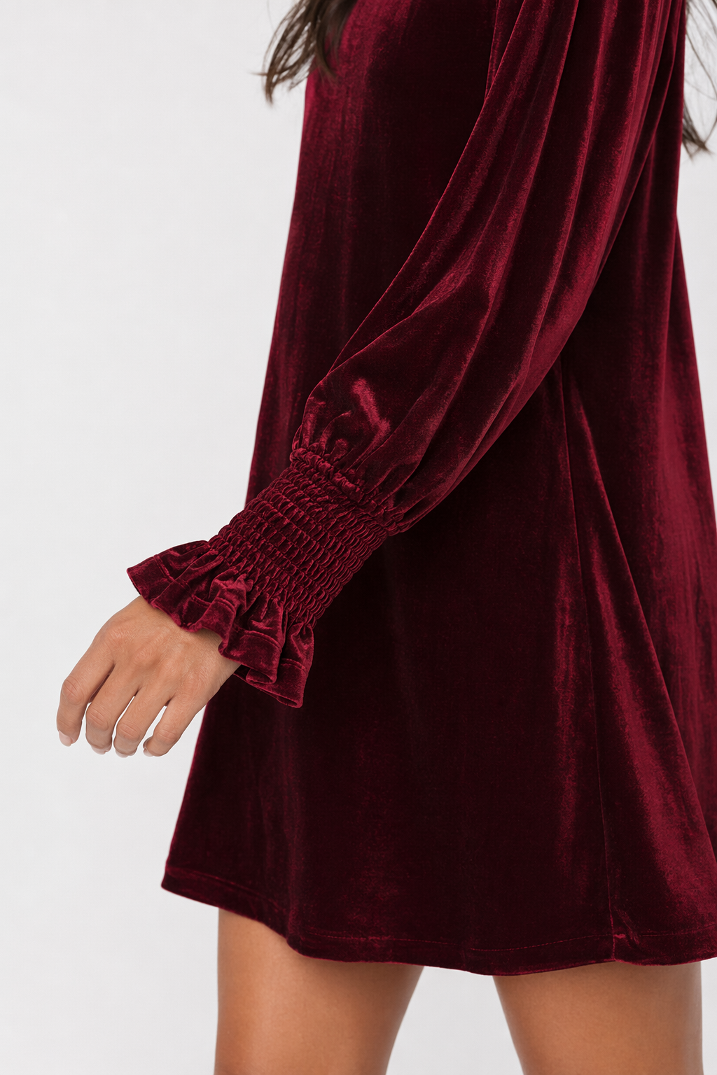 Full Size Mock Neck Smocked Long Sleeve Mini Dress Burgundy