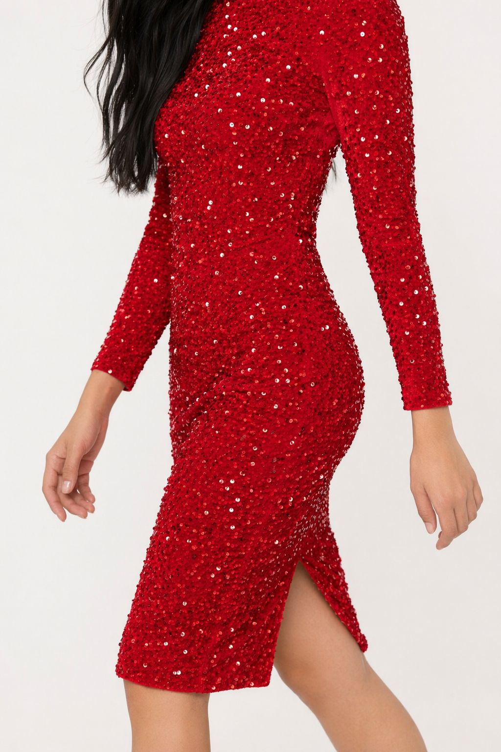 Sequin Round Neck Slit Dress Red
