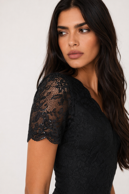 Perfee V-Neck Short Sleeve Lace Bodysuit Black