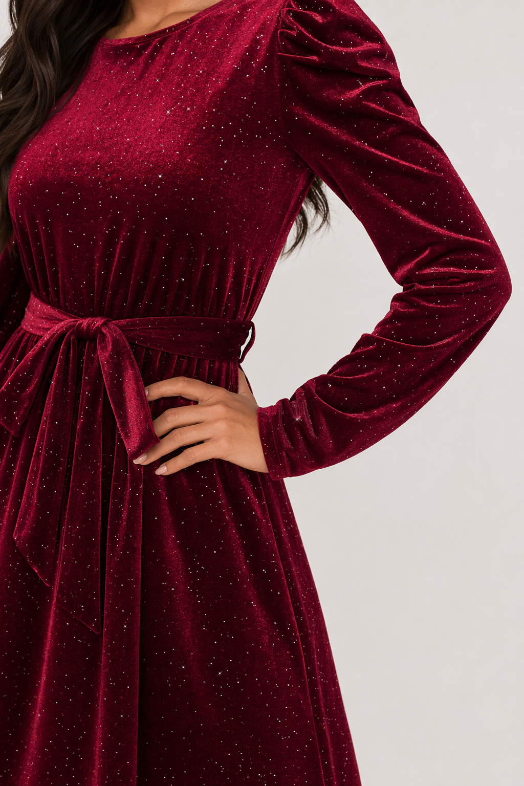 Glitter Round Neck Puff Sleeve Dress Burgundy