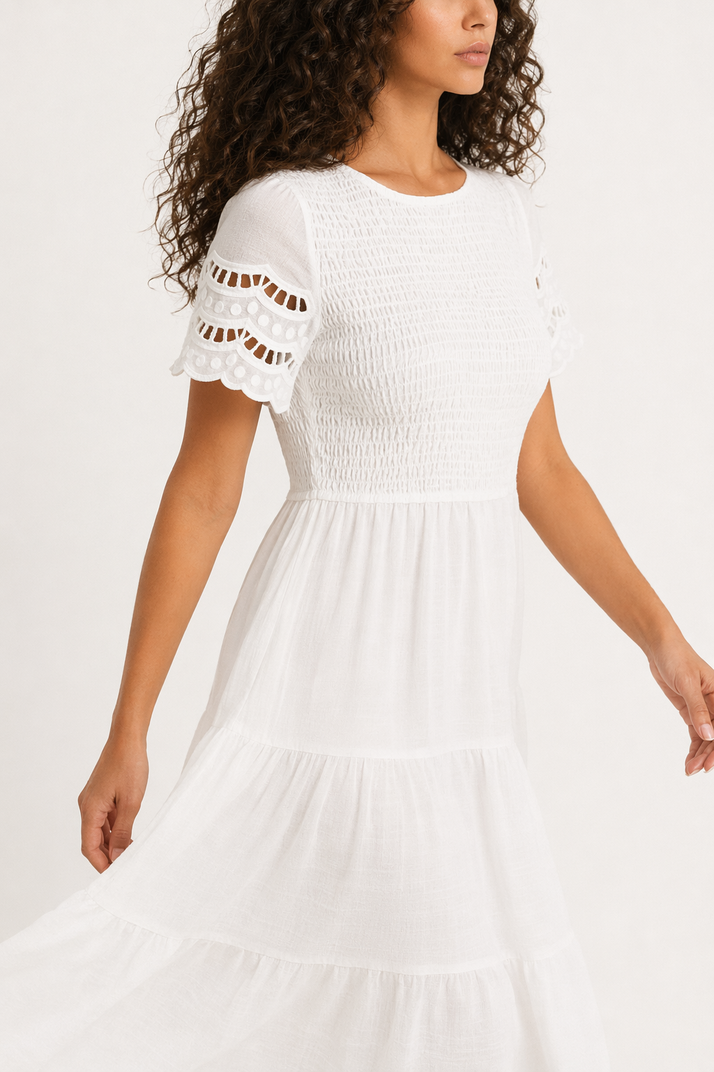 Devine Smocked Round Neck Short Sleeve Midi Dress White