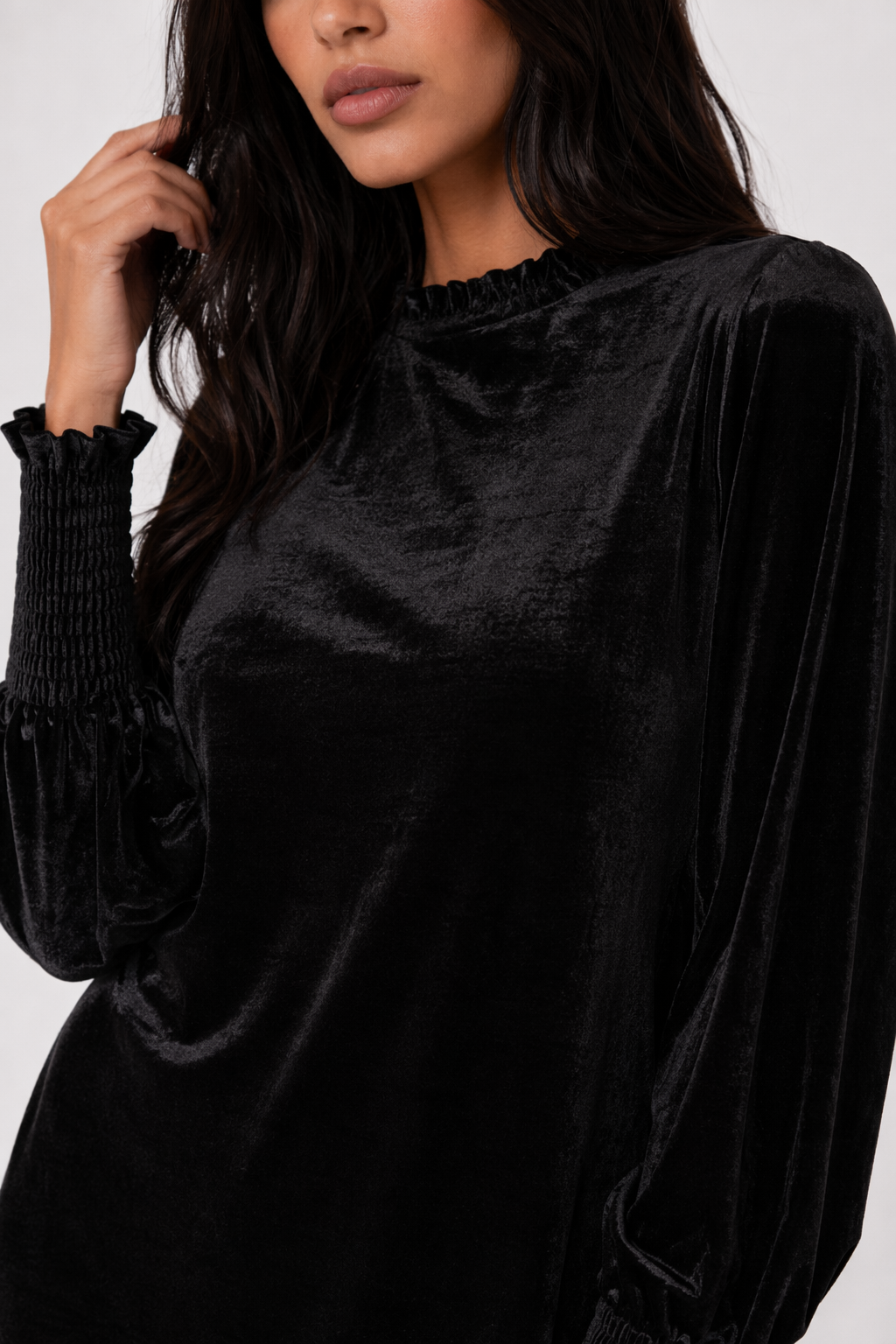 Full Size Mock Neck Smocked Long Sleeve Mini Dress Black