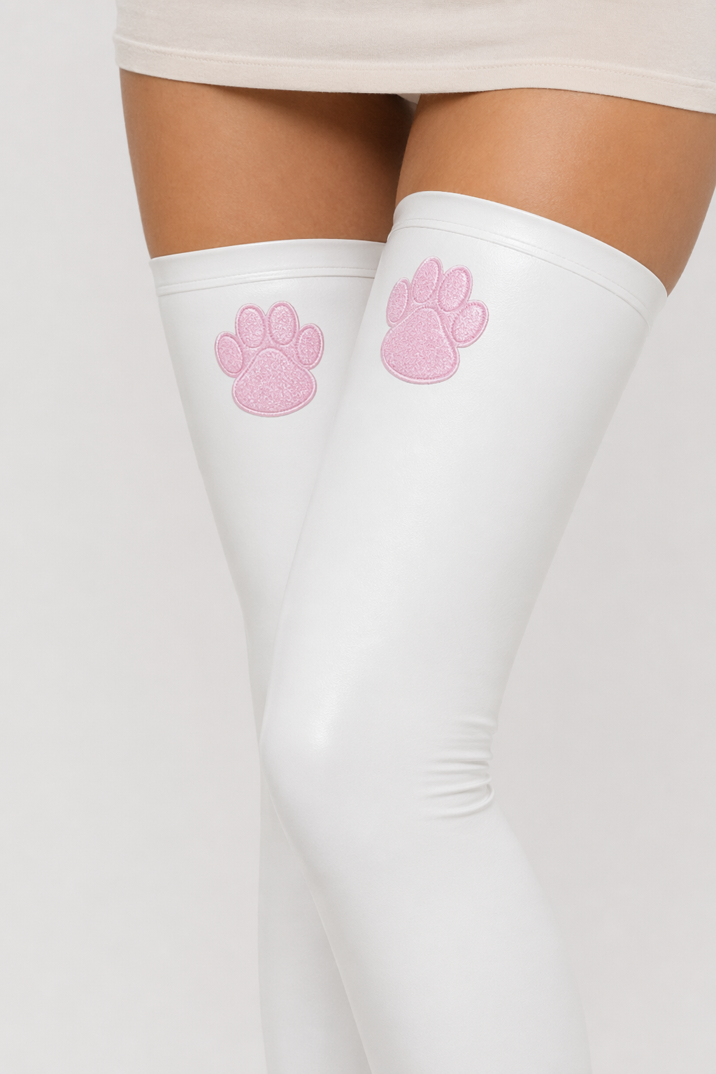 Adorable Faux Leather Cat Paw Thigh High Socks - 2 Color Options White A