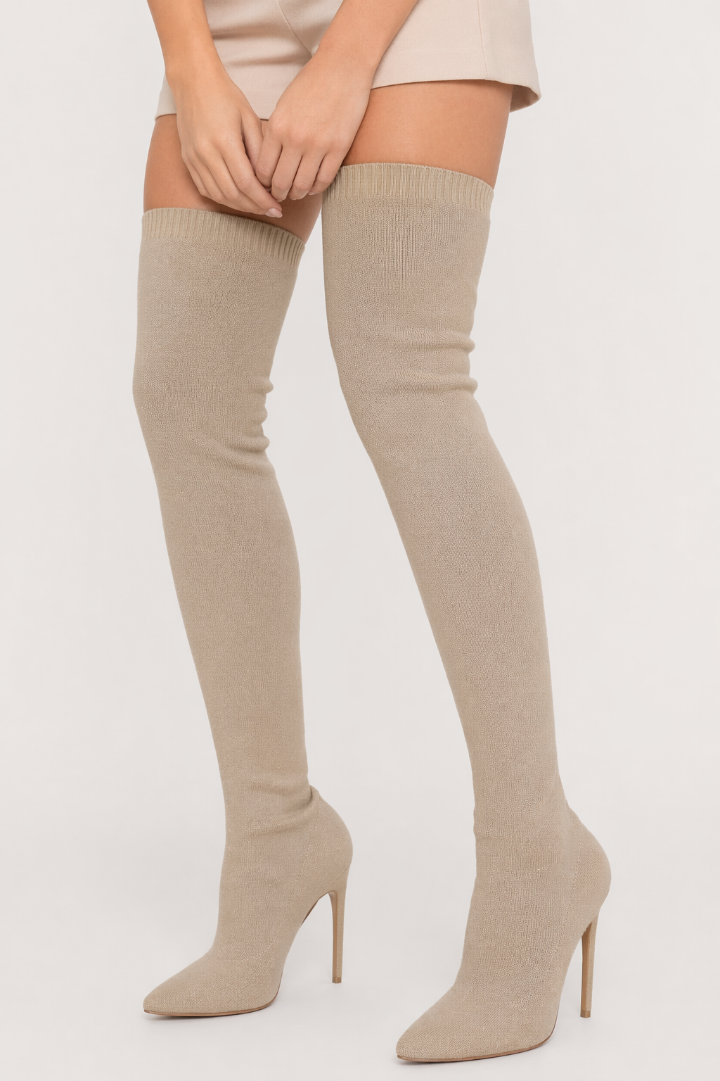 Point Toe Over Knee Stiletto Boots Beige