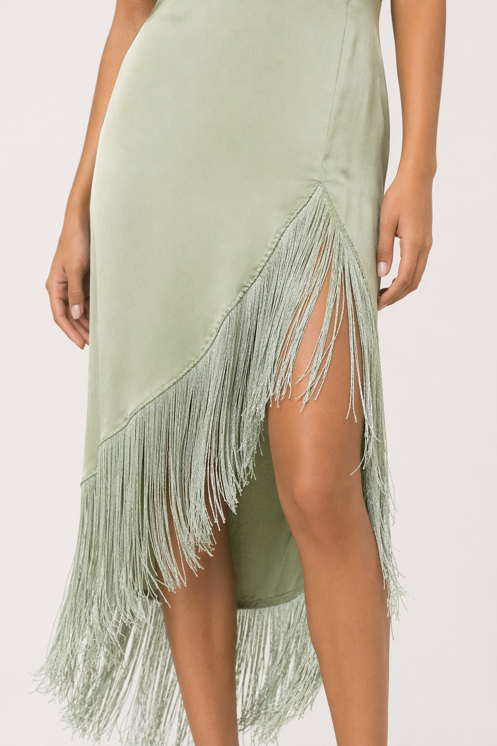 Fringe High-Low Square Neck Cami Dress Light Green