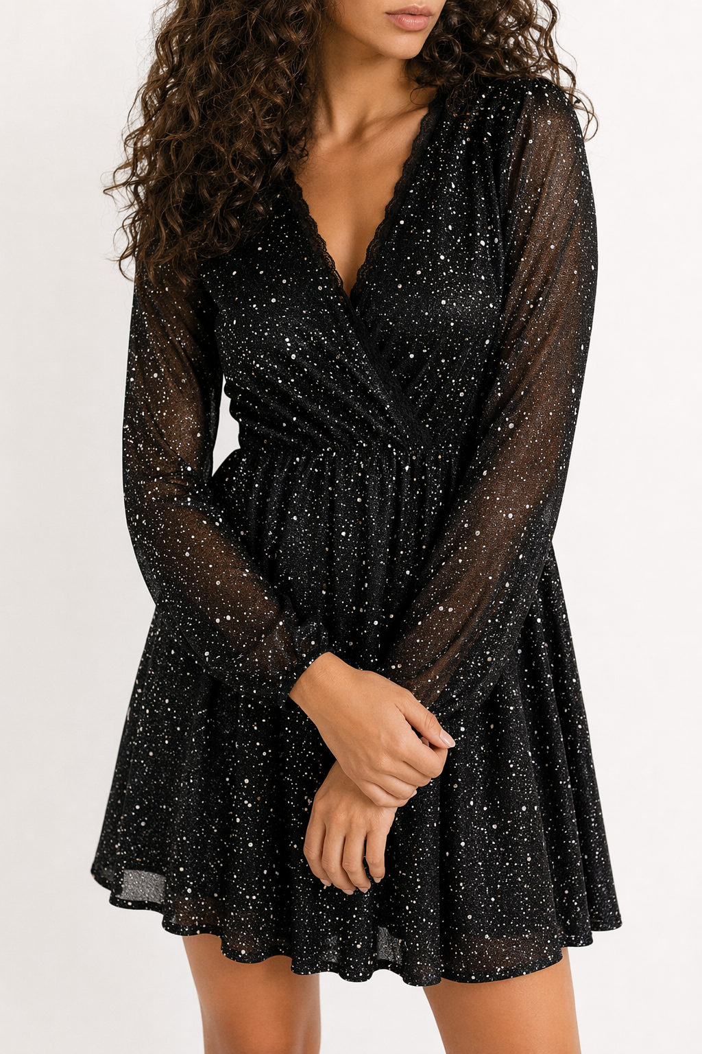 Glitter Surplice Long Sleeve Mini Dress Black