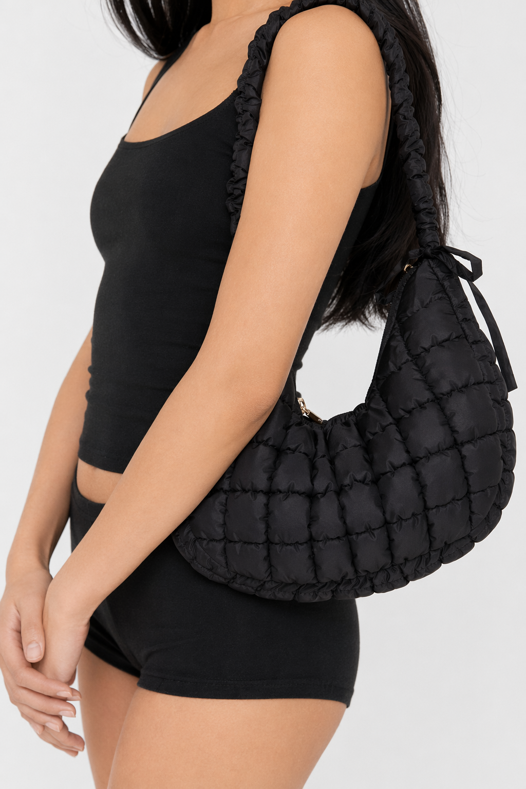 Bubble Texture Ruched Strap Quilted Shoulder Bag Black