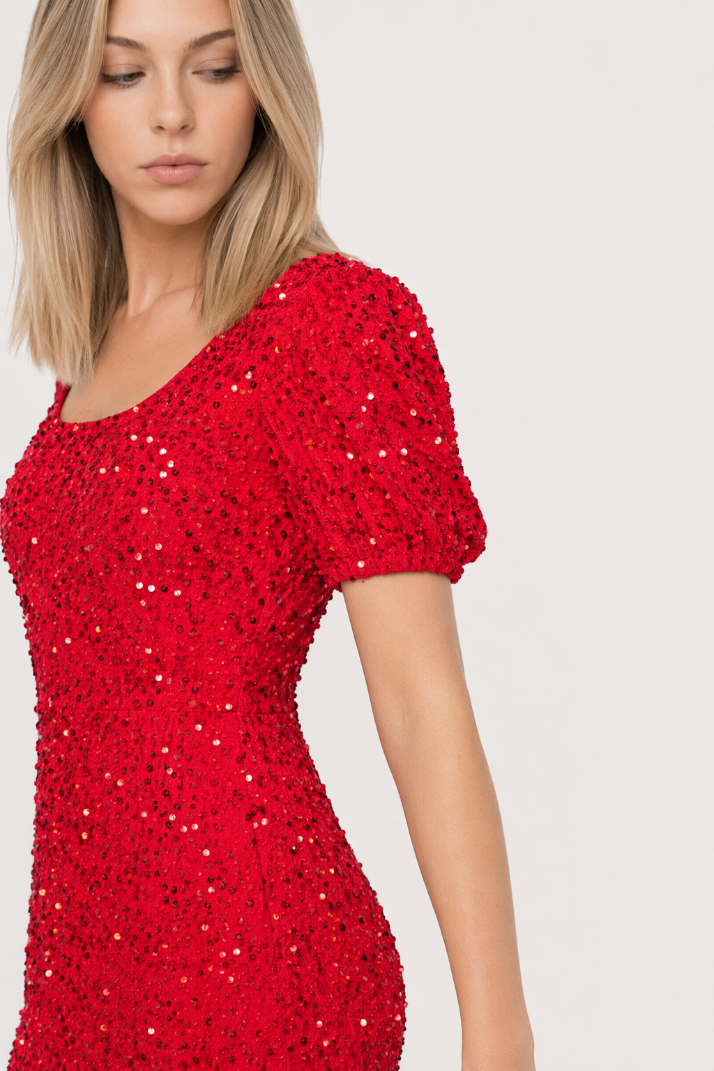 Sequin Puff Sleeve Wrap Dress Red