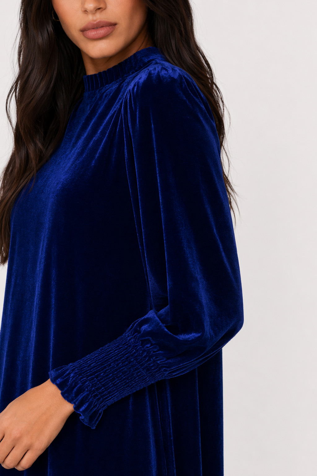 Full Size Mock Neck Smocked Long Sleeve Mini Dress Navy