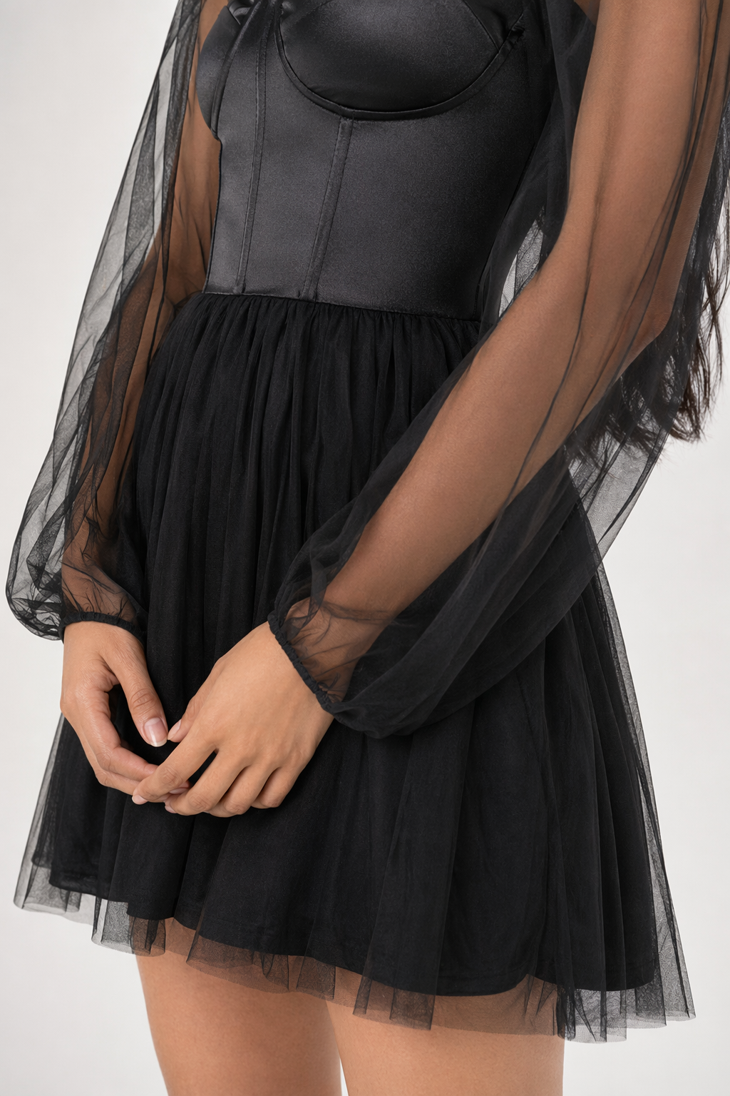 Sweetheart Neck Balloon Sleeve Mini Dress Black