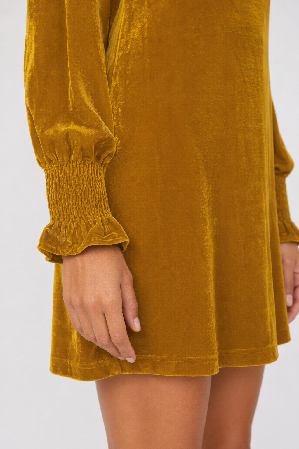 Full Size Mock Neck Smocked Long Sleeve Mini Dress Mustard
